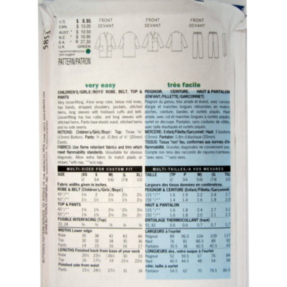 Vintage ©2001 - Butterick 5853 Boys, Girls Robe, Belt, Pajamas  - Size L-XL - Picture 2 of 4